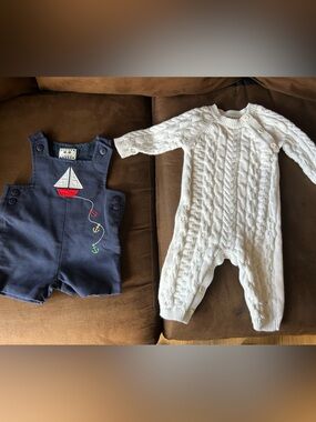Eiseman Navy Sailboat romper, Hope & Henry white cable knit bodysuit (3-6M)
